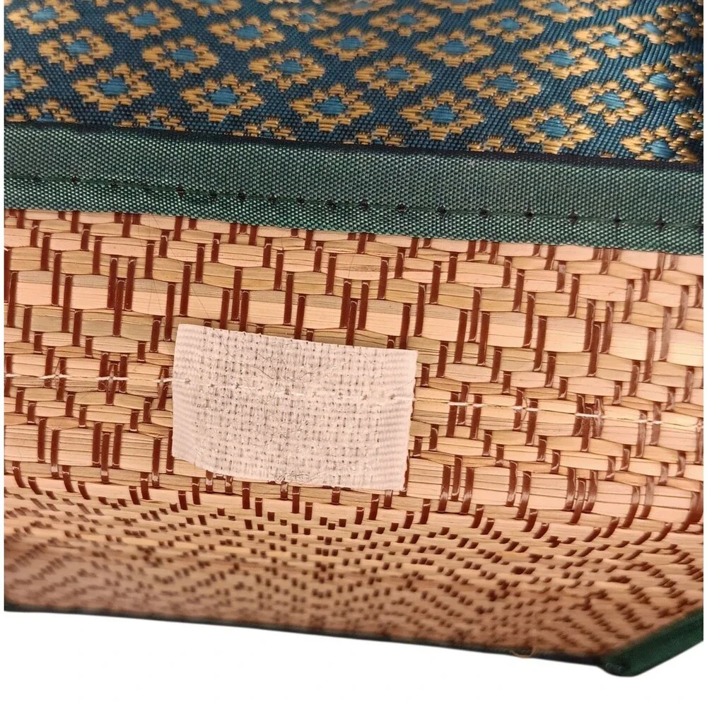 Handmade Woven Reed Tissue Box Holder Blue Green Brown Gold Rectangle Bohemian